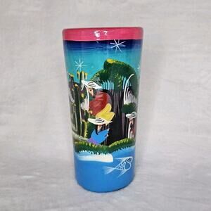 Hand Painted Flower Vase Cup Mexican River Scene Fish Colorful Clay Pottery Art